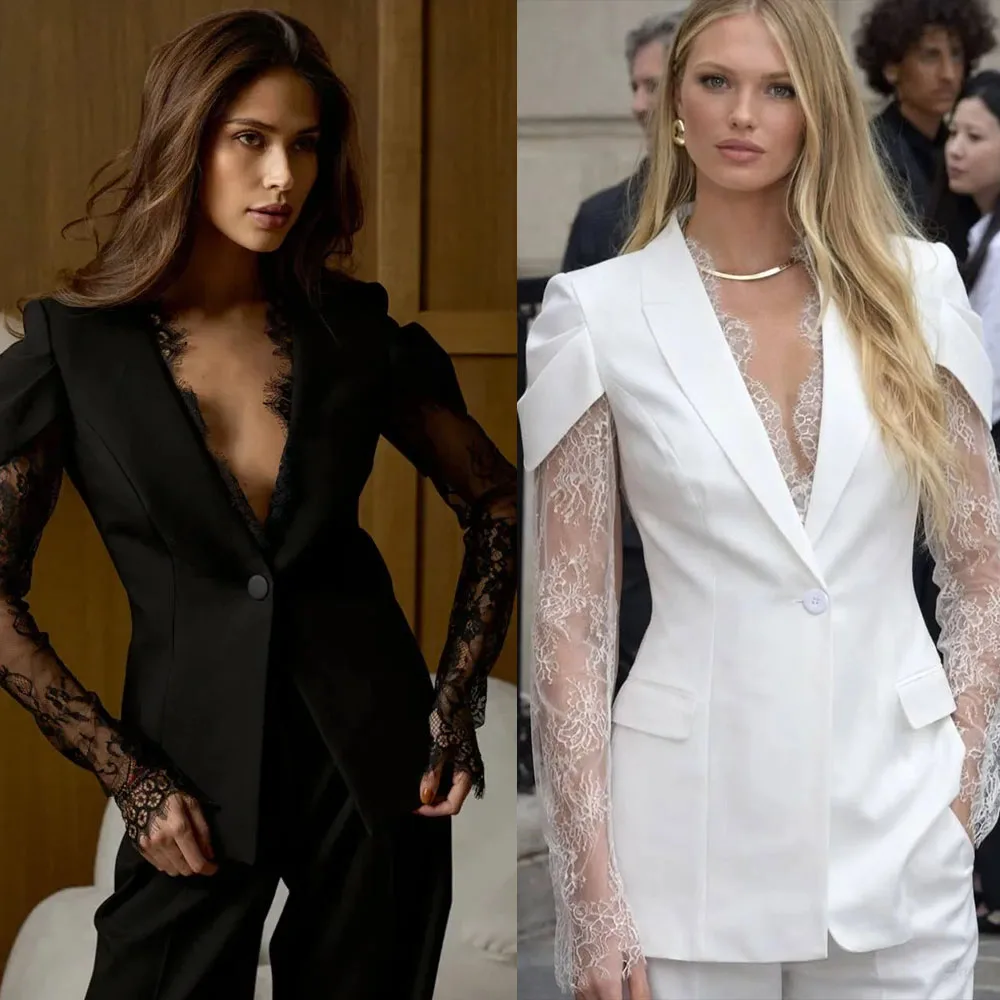 Women's Dresses Suit Gowns Elegant One Button Jacket Coat with Lace Sleeves And Pants Satin 2 Pieces Suit Customized W668