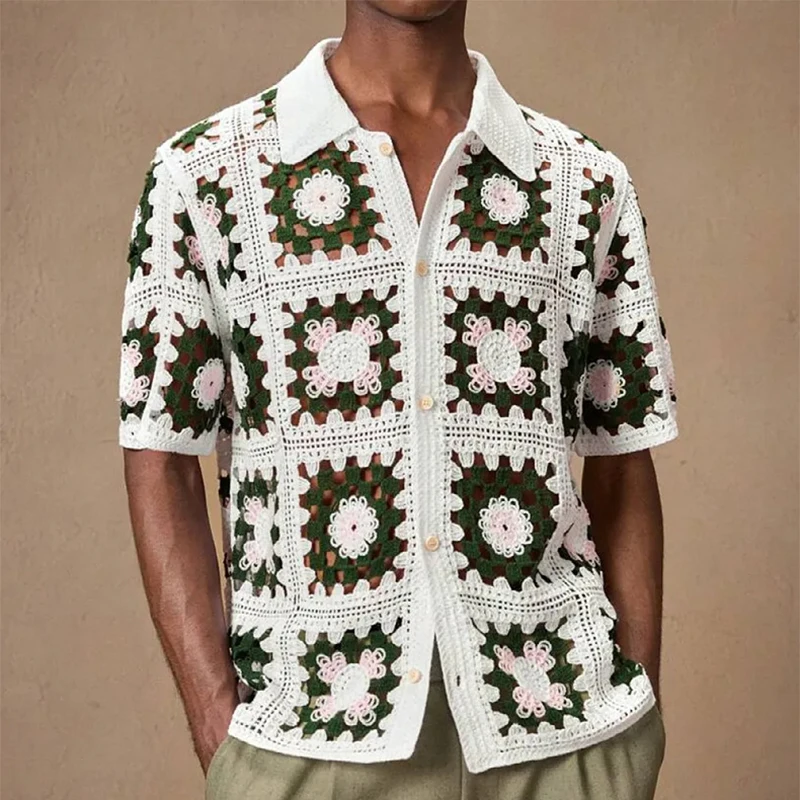 Stylish Hollow Out Knit Cardigan Tops Men Summer Classic Button Lapel Short Sleeve Knitted Shirt Men's Vintage Embroidery Shirts