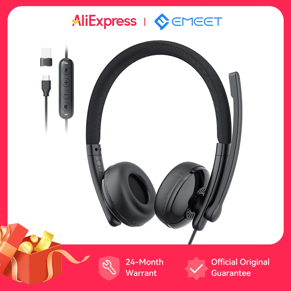 

EMEET Wired Headset with Microphone Call Center USB Headphones ENC Noise Cancel Office Cable Earphones Type-C for Phone/Computer