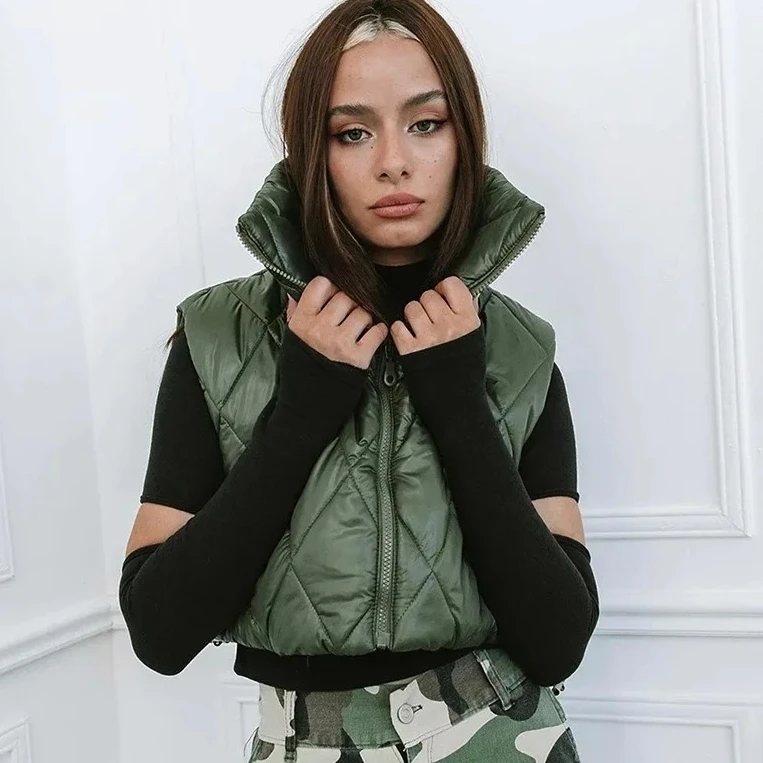 Cardigan da donna autunno/inverno tinta unita colletto alla coreana scozzese con cerniera cardigan con coulisse pancia scoperta gilet imbottito in cotone