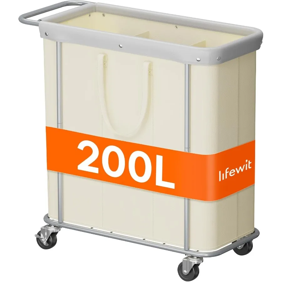 

200L Large Laundry Basket with Wheels for Laundry Room Bathroom Bedroom Tall 3Section Rolling Laundry Cart with Durable Steel F