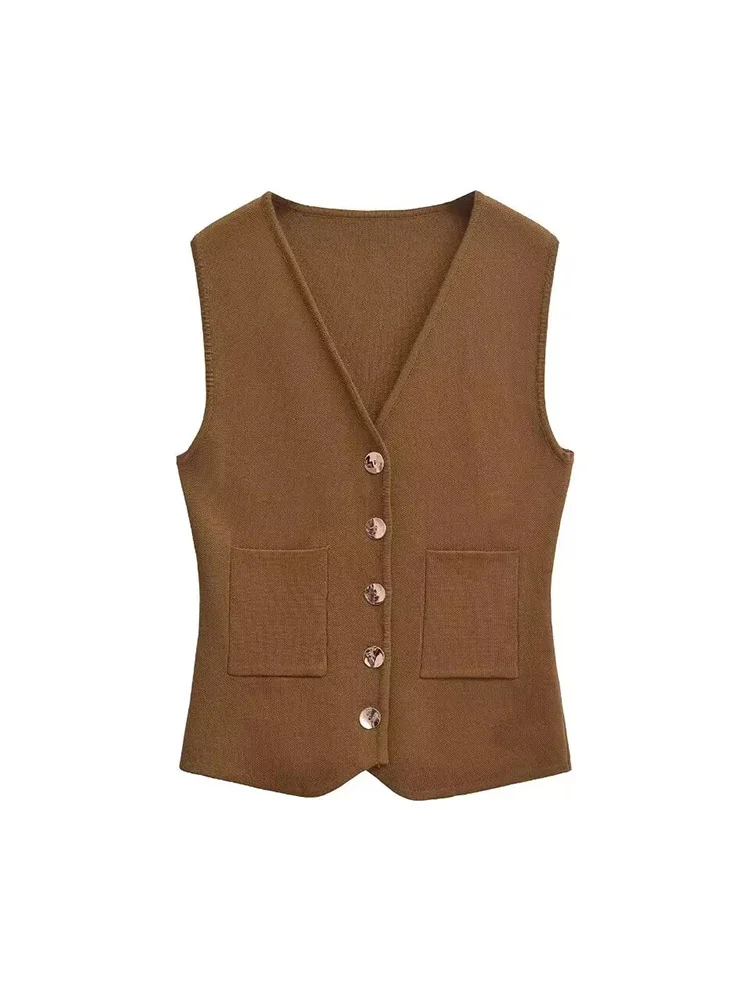 Willshela Women Fashion With Pockets Brown Single Breasted Vest Vintage V-Neck Sleeveless Female Chic Lady Tank Tops