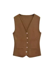 Willshela Women Fashion With Pockets Brown Single Breasted Vest Vintage V-Neck Sleeveless Female Chic Lady Tank Tops