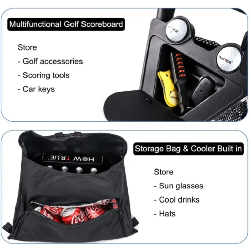 3 Wheels Folding Golf Push cart with Foot Brake & Phone Holder & Waterproof Cooler Bag, Portable Lightweight