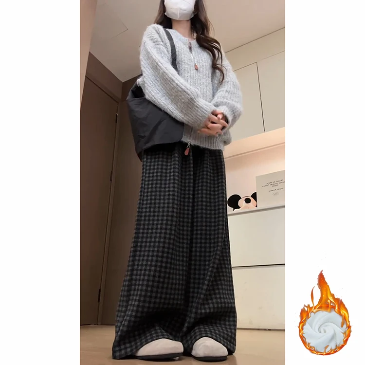 하이 웨이스트 플리스 안감 두꺼운 회색 격자 무늬 와이드 레그 팬츠 여성용 가을 겨울 신상 패션 스트레이트 컷 바지