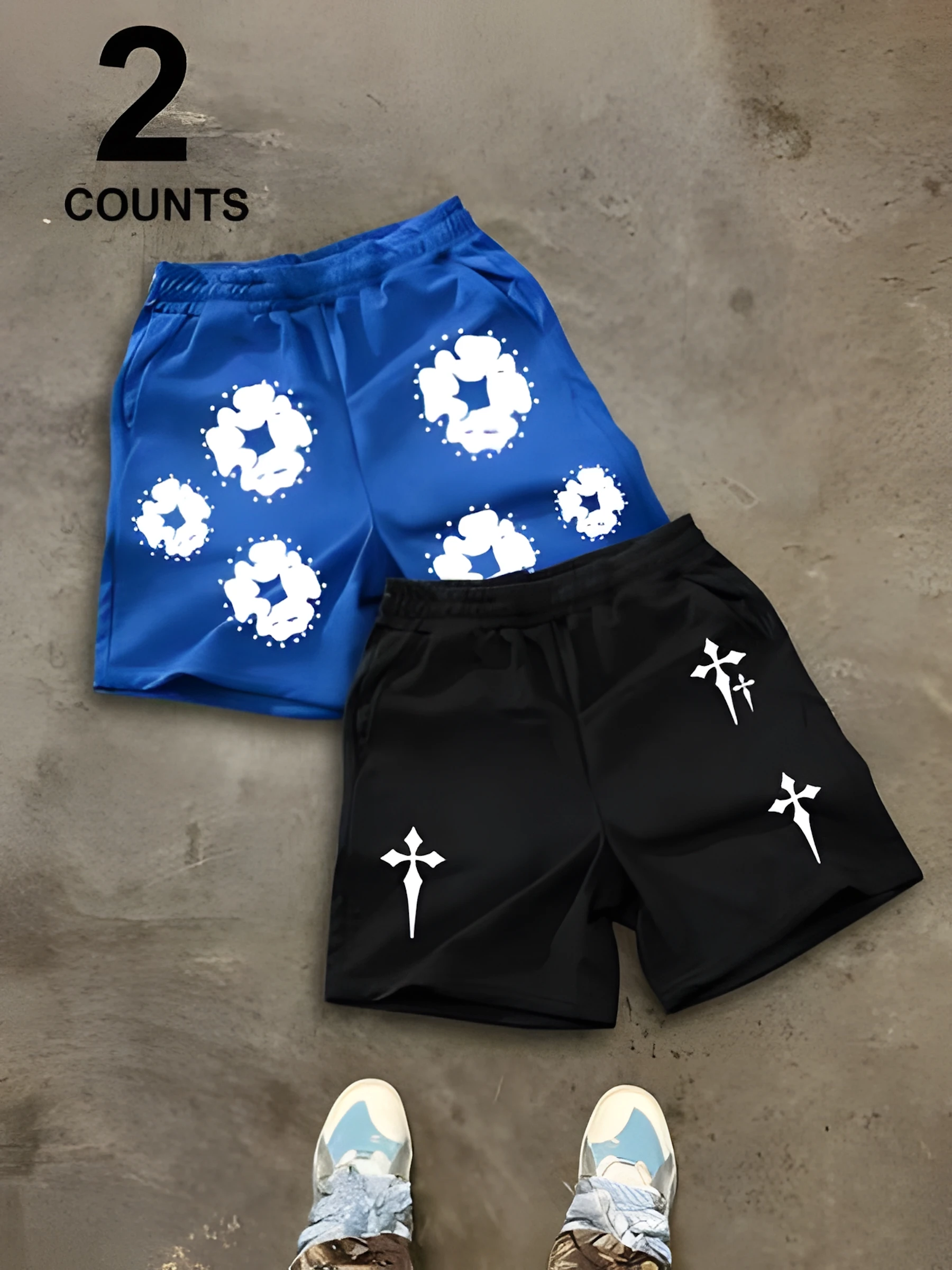 2-Piece Set of High-Street Style Men's Shorts: American Retro Print, Loose-Fit, Casual, Streetwear, Versatile Athletic Pants