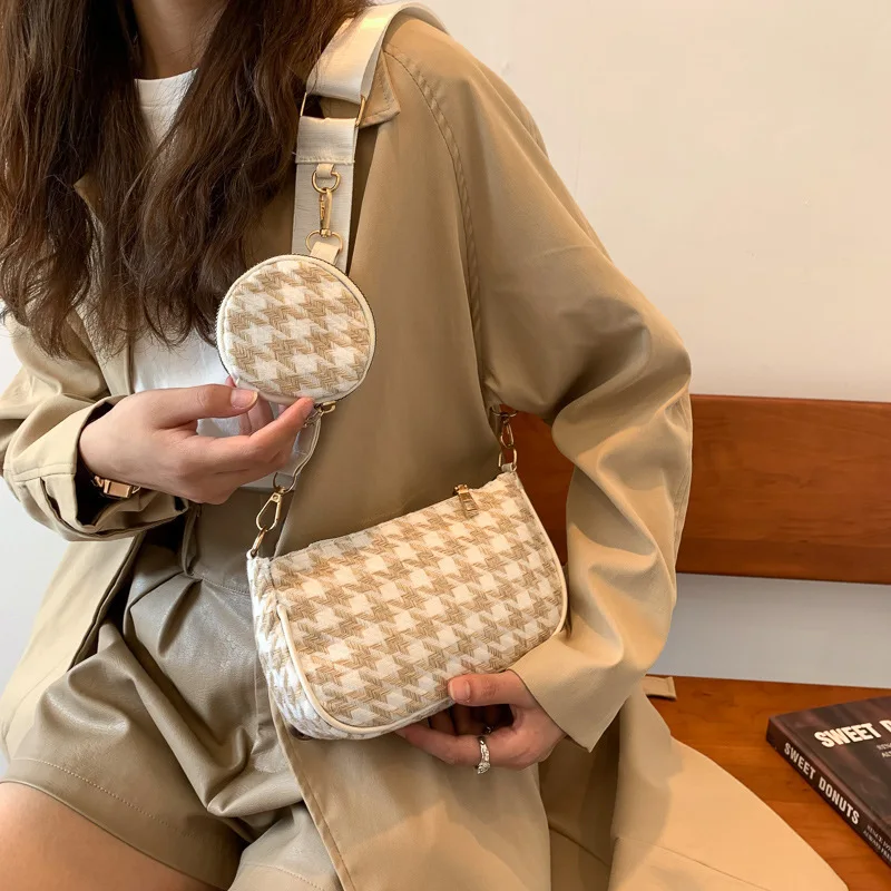 New thousand-bird check change women's bag fashion wide shoulder strap single shoulder crossbody bag fresh underarm bag