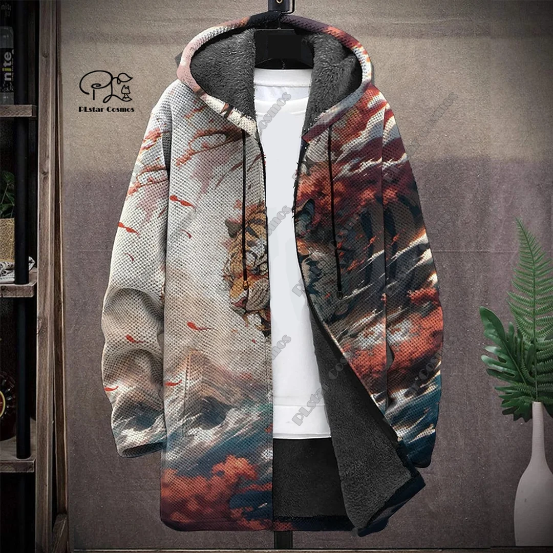 PLstar Cosmos 3D printed cat skull night star yi pattern winter men's hooded jacket winter casual thickened warm series -6