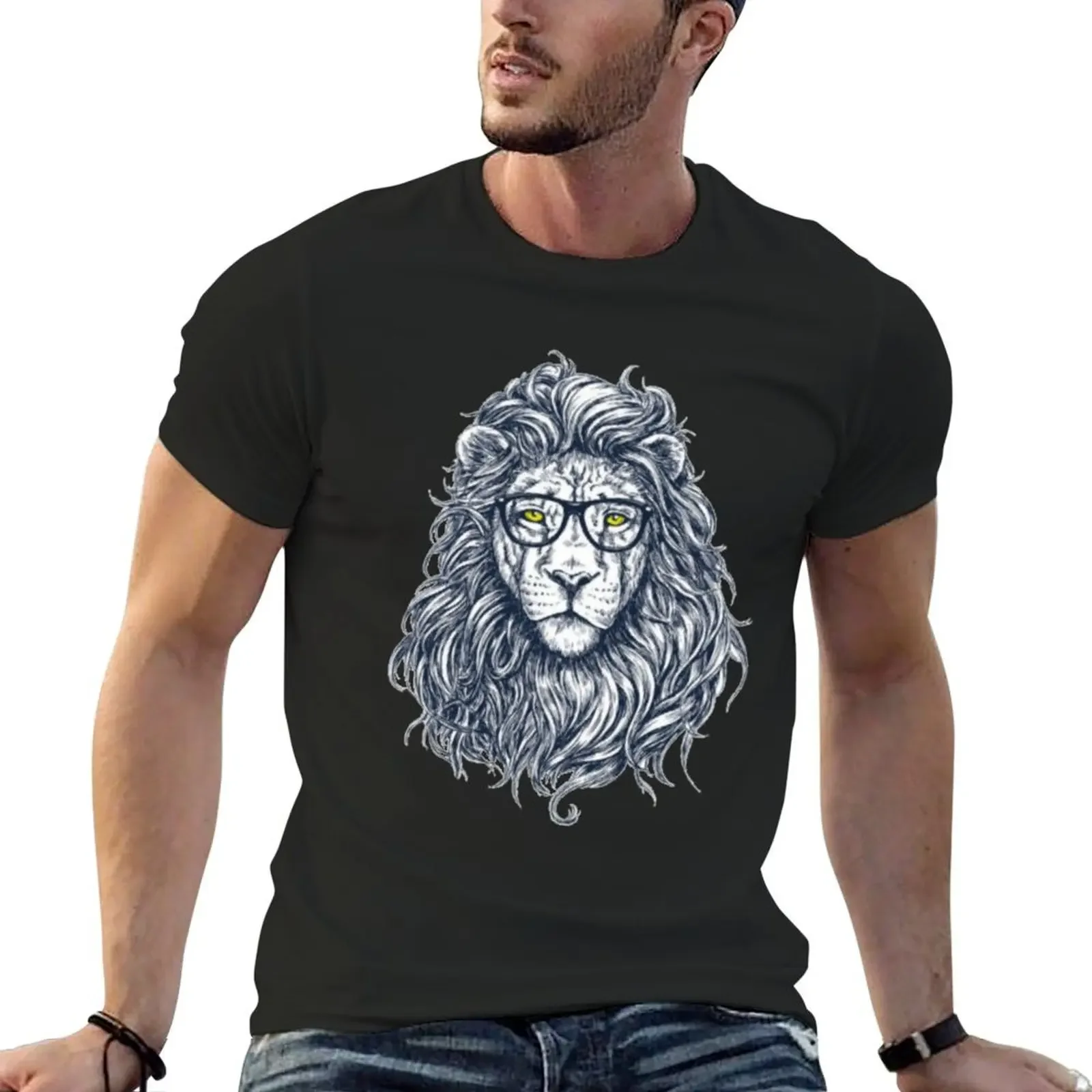 cultured lion with glasses T-Shirt cotton graphic tees blacks anime t shirts t shirt men