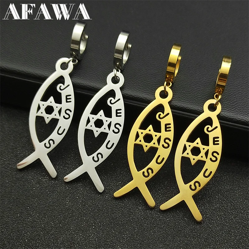 

Ichthy Jesus Fish Hoop Earrings for Women Men Gold Color Stainless Steel Jewish Megan David Star Dangle Earring Jewelry E3535S02