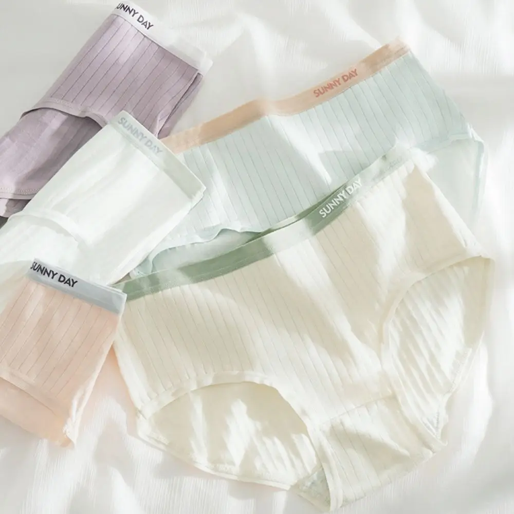 

4Pcs Comfortable Cotton Crotch Simple Briefs Mid Waist Candy Color Underwear for Women Panties Letter Stripe Underpants Girl