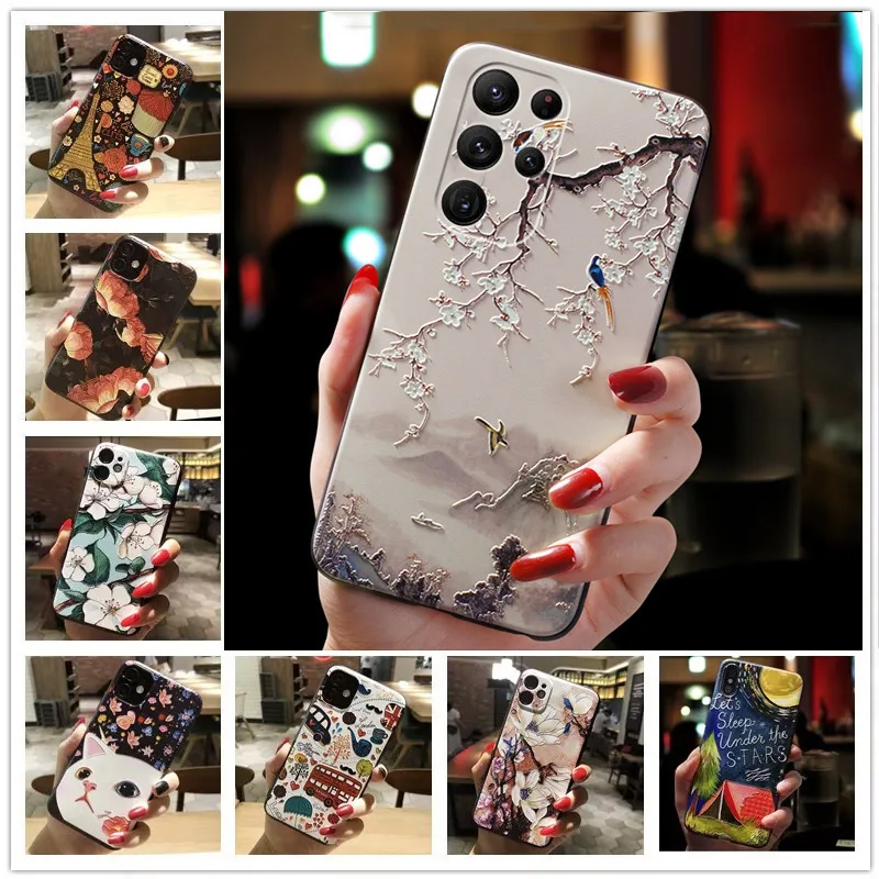 3D Relief Phone Case For Samsung Galaxy S23 Ultra Case Floral Silicon Cover For Samsung S23 Plus Case S 23 Ultra Fundas Coque