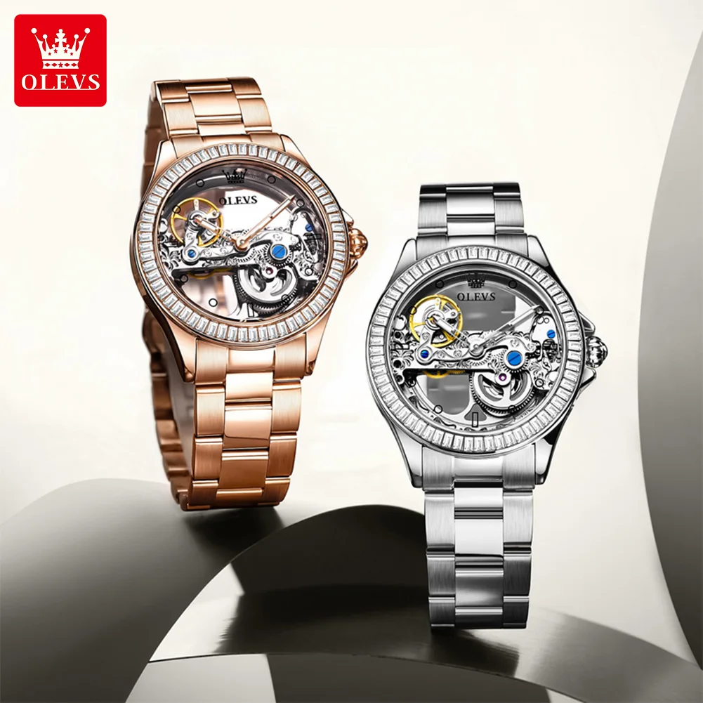 OLEVS 6699 Woman Automatic Watches Hollow Flywheel Mechanical Watch For Women Diamond Luxury Dial Waterproof Ladies Hand Clock