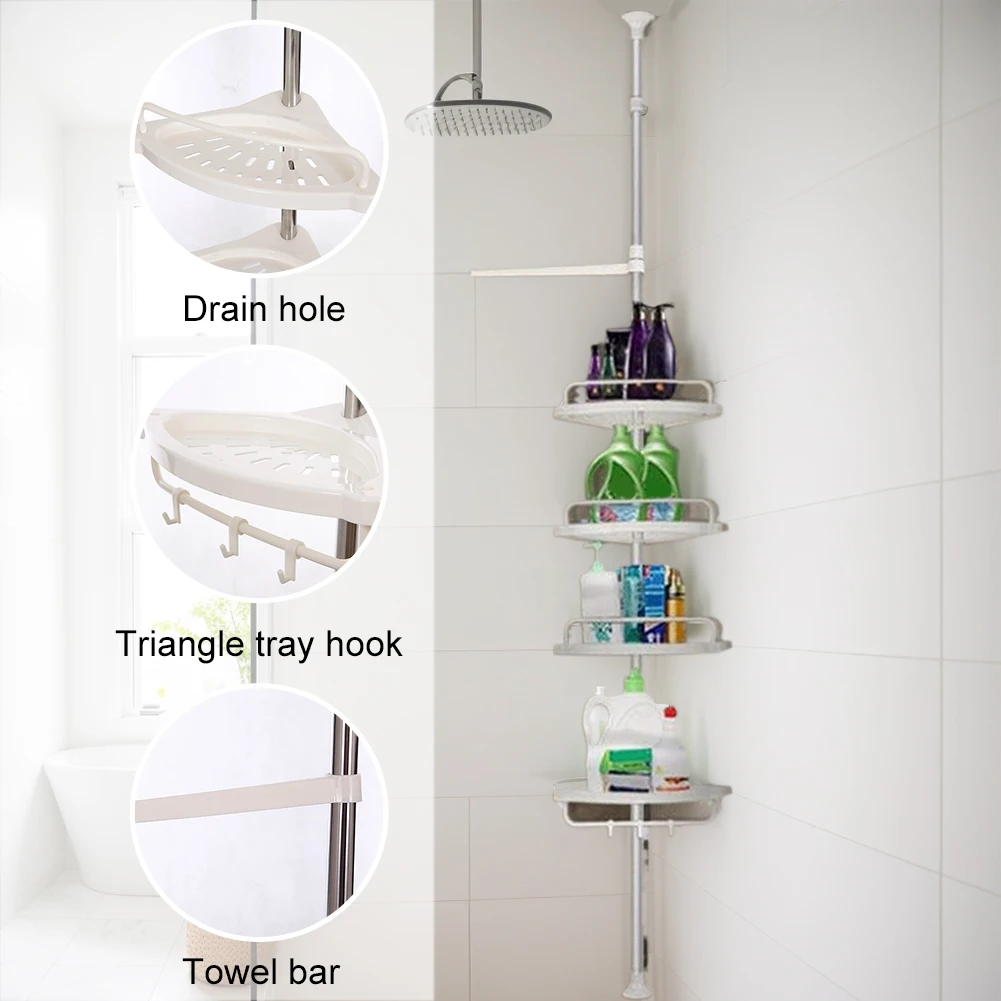 

Telescopic Bathroom Shelf Corner Shower Tension Pole Rust Proof 4 Tier Storage Rack Shower Organizer Stainless Steel Decor Shelf