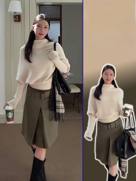 

Женская юбка миди А-силуэта больших размеров с высокой талией, с узором, шерстяная, весна-осень, повседневная, французский бренд