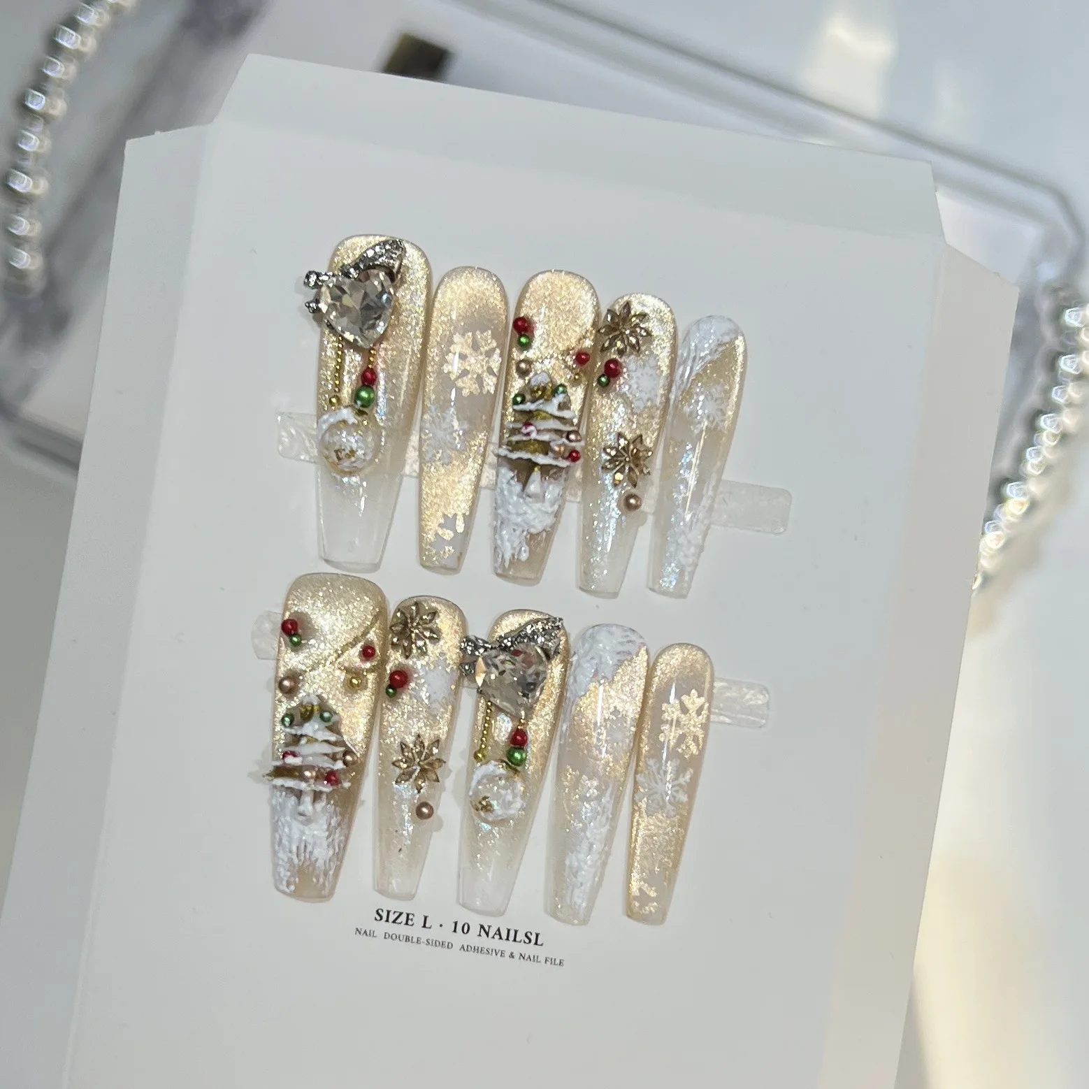 

【Golden Light Tree】Reusable Christmas Press On Nails - Handmade Cat Eye French Tip Sparkly Zircon False Nails