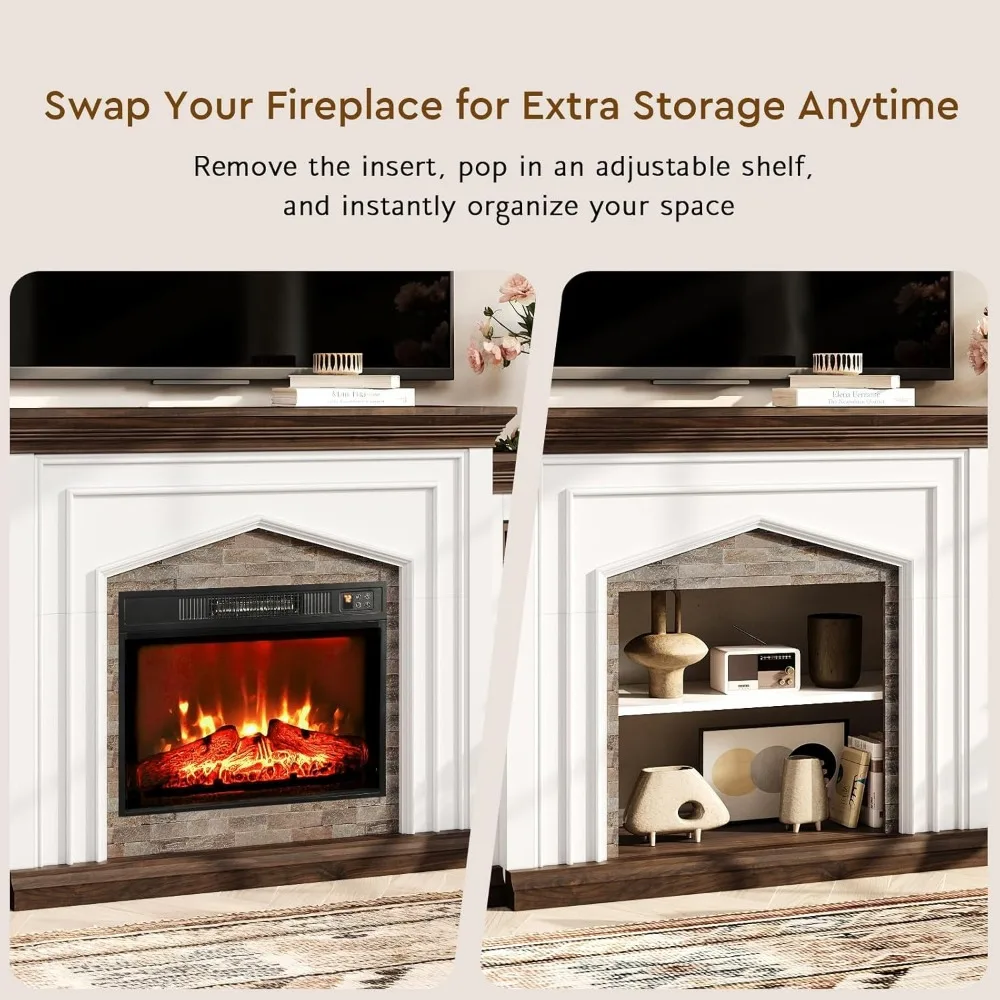 Large 80 Inch Fireplace TV Stand with Electric Heater, Rustic Farmhouse Style Entertainment Center, Storage Included for TVs up