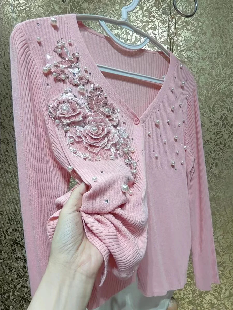 Luxury Beaded Flowers Stitch Autumn 2024 Knitted Cardigan Women Heavy Industry Pearl 3D Flower Sweater Outwear Top