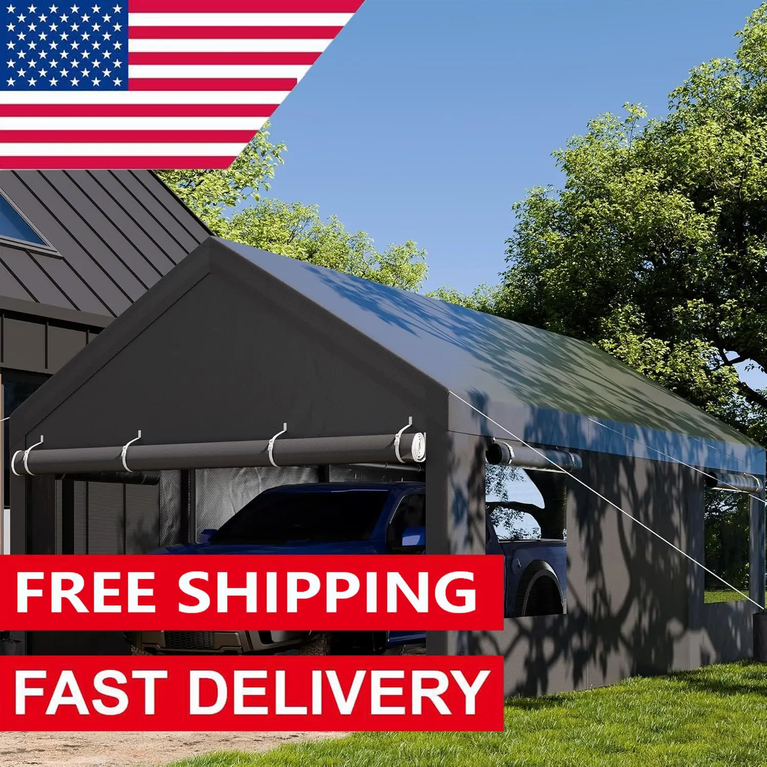 12x20 ft Heavy Duty Carport with Roll-up Windows, Portable Garage with Removable Sidewalls & Doors All-Season Tarp for Car Boat