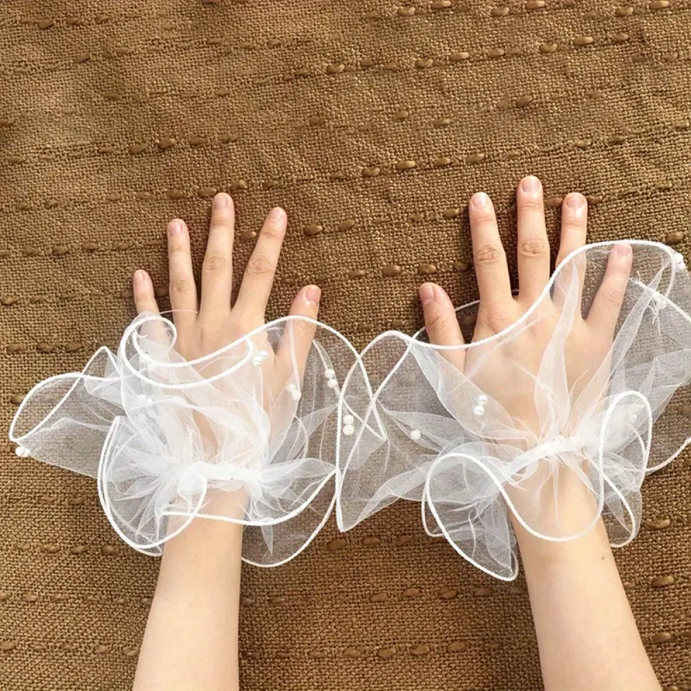 Bridal Mesh Arm Sleeves Pearl Embellished Wedding Dress Accessories Sheer Elegant Gloves For Evening Party Wear