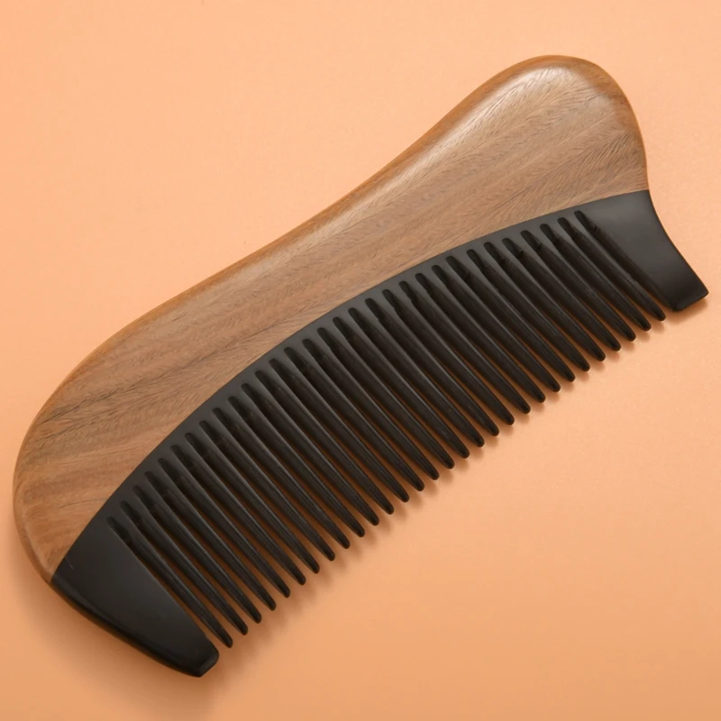 Natural Green Sandalwood Hair Comb - No Static Wooden Fine Tooth Black Buffalo Horn Comb (Green Sandalwood)