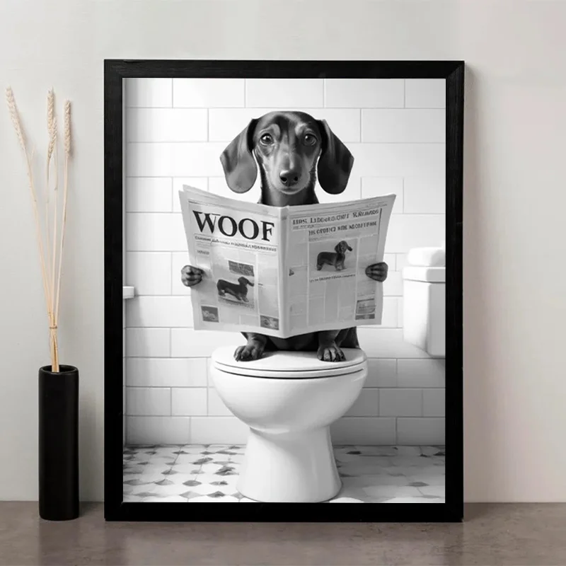 Sausage Dog Reading 'WOOF' Newspaper on the Toilet, Fun Dog Enthusiast Gift,Perfect Choice for Bathroom Decoration, Creative