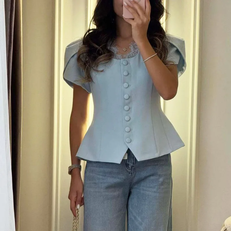 Fotografia 5: Blazer Feminino Tuularose com Renda e Patchwork, Jaqueta de Manga Curta, Casual e Elegante para Primavera e Verão