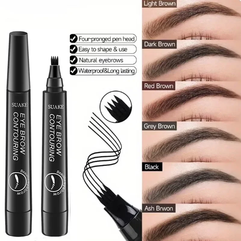 5 Colors Eyebrow Tattoo Pen 4 Points Fork Tip Liquid Brow Pencil Long Lasting Waterproof Stencil Eyebrow Stamp Cosmetic