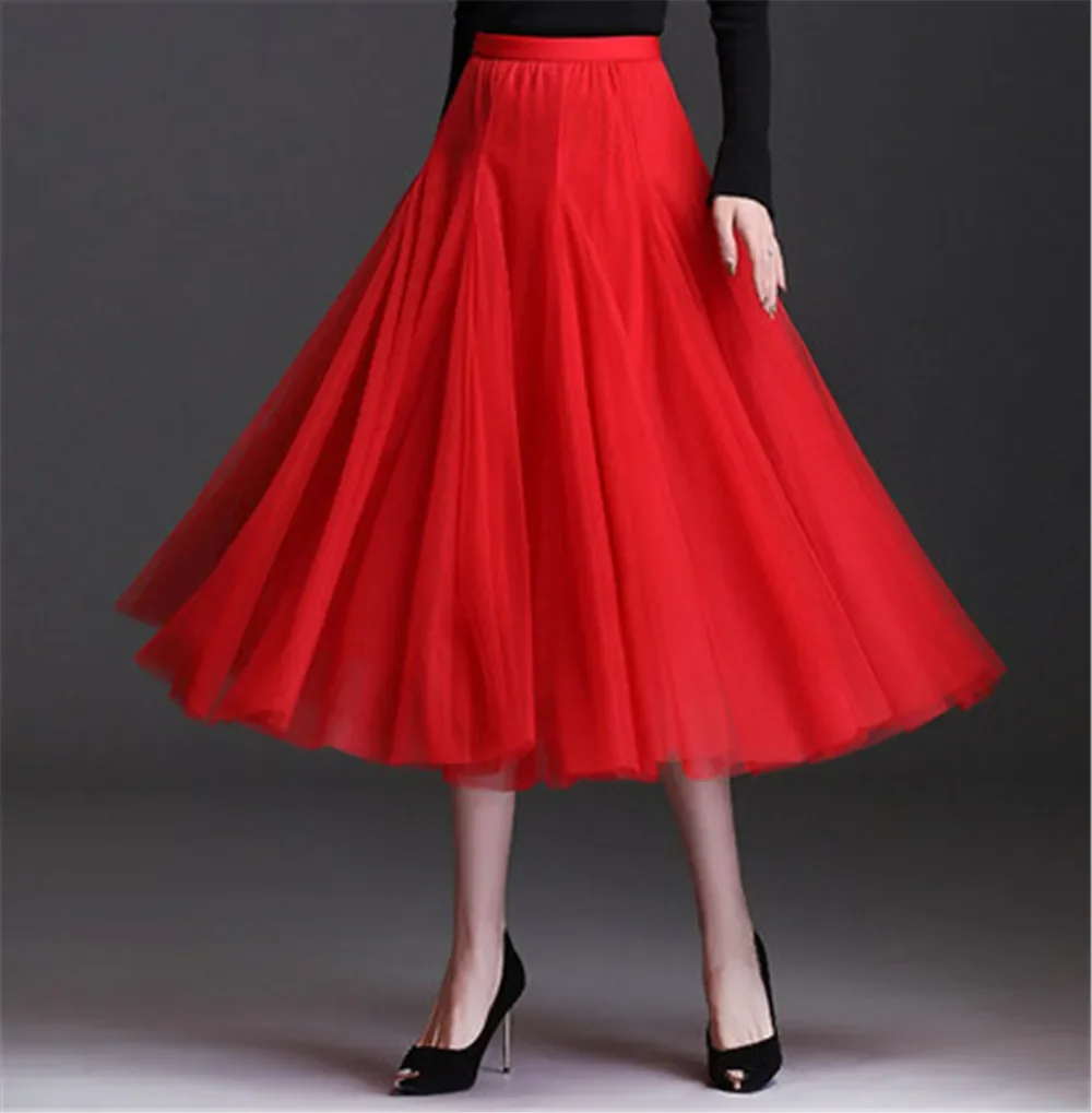 Hot Women Mesh Elastic Tutu Skirt Beach Spring Summer Korean High Waist Fashion Pleated Long Skirt Black White Tulle Skirts