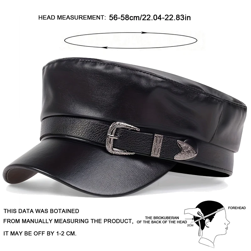 Cappello da donna in pelle con fibbia grande per cintura Cappelli da marinaio primavera autunno Berretto da donna nero Berretto da uomo con parte superiore piatta Capitano militare
