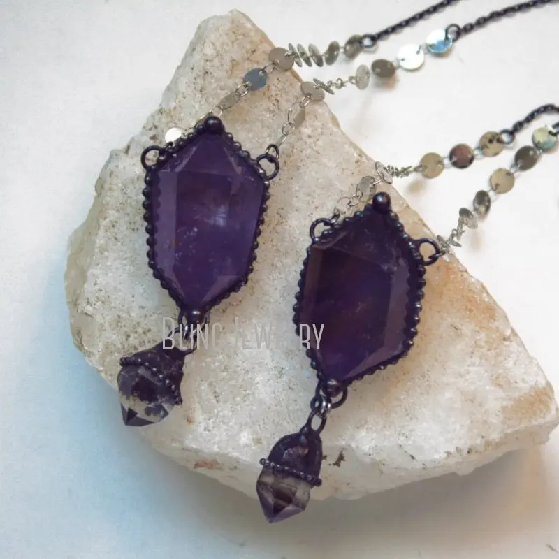 NM43215 Amethyst Crystal Double Terminated Point And Tibetan Quartz Necklace    