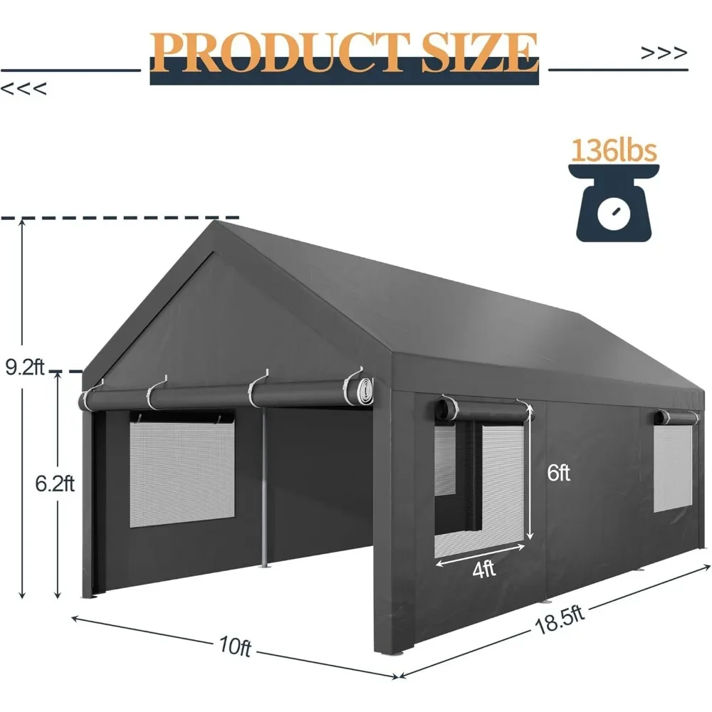 10x18.5ft Heavy Duty Carport, Portable Garage with Removable Sidewalls, Doors and Ventilated Windows, All-Season Tarp