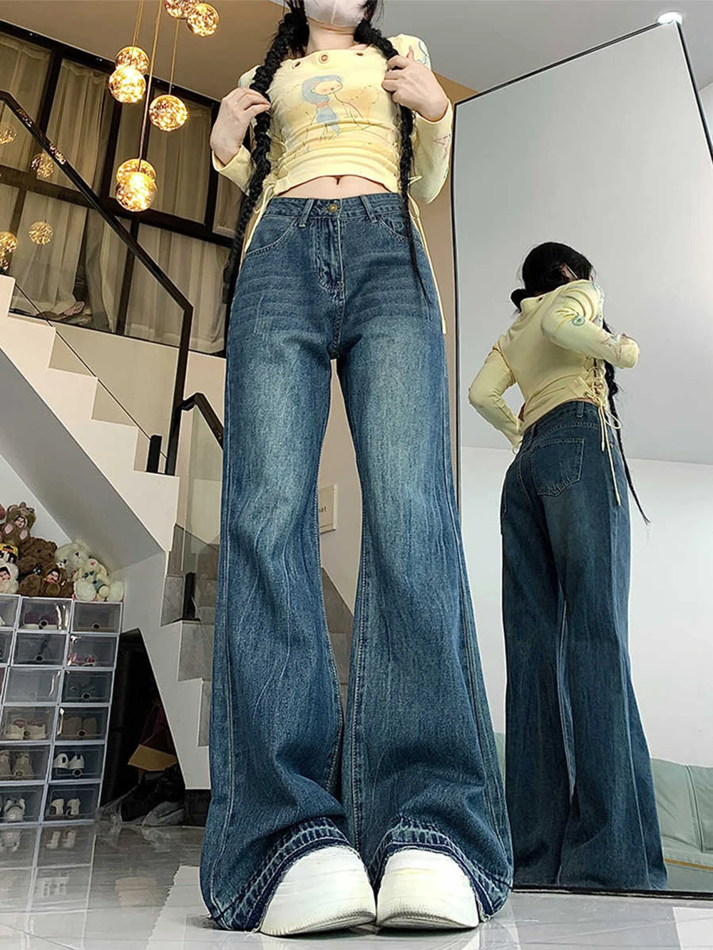 Oversized Flare Denim Pants Women Spring Autumn High Waist Slim Black Grey Washed Jeans Female Vintage Long Pants Streetwear