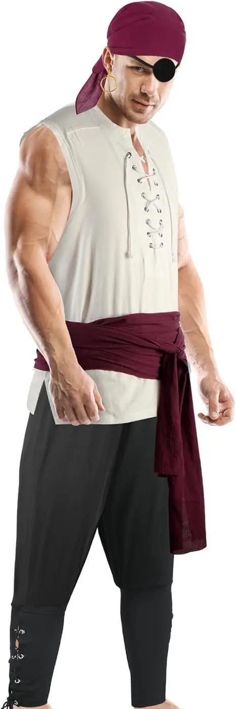 2-Piece Halloween Men's Renaissance Costume Set Medieval Pirate Shirt Ankle Strap Pants Comfortable Breathable and Skin-friendly