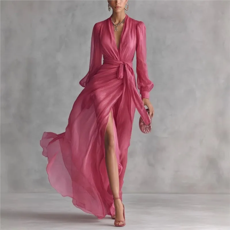 

Bohemian Vacation Maxi Dress 2026 Summer Sexy Deep V Neck Lace-up Slim Waist Dresses Wrap Tie Waist High Slit Long Dress Femme