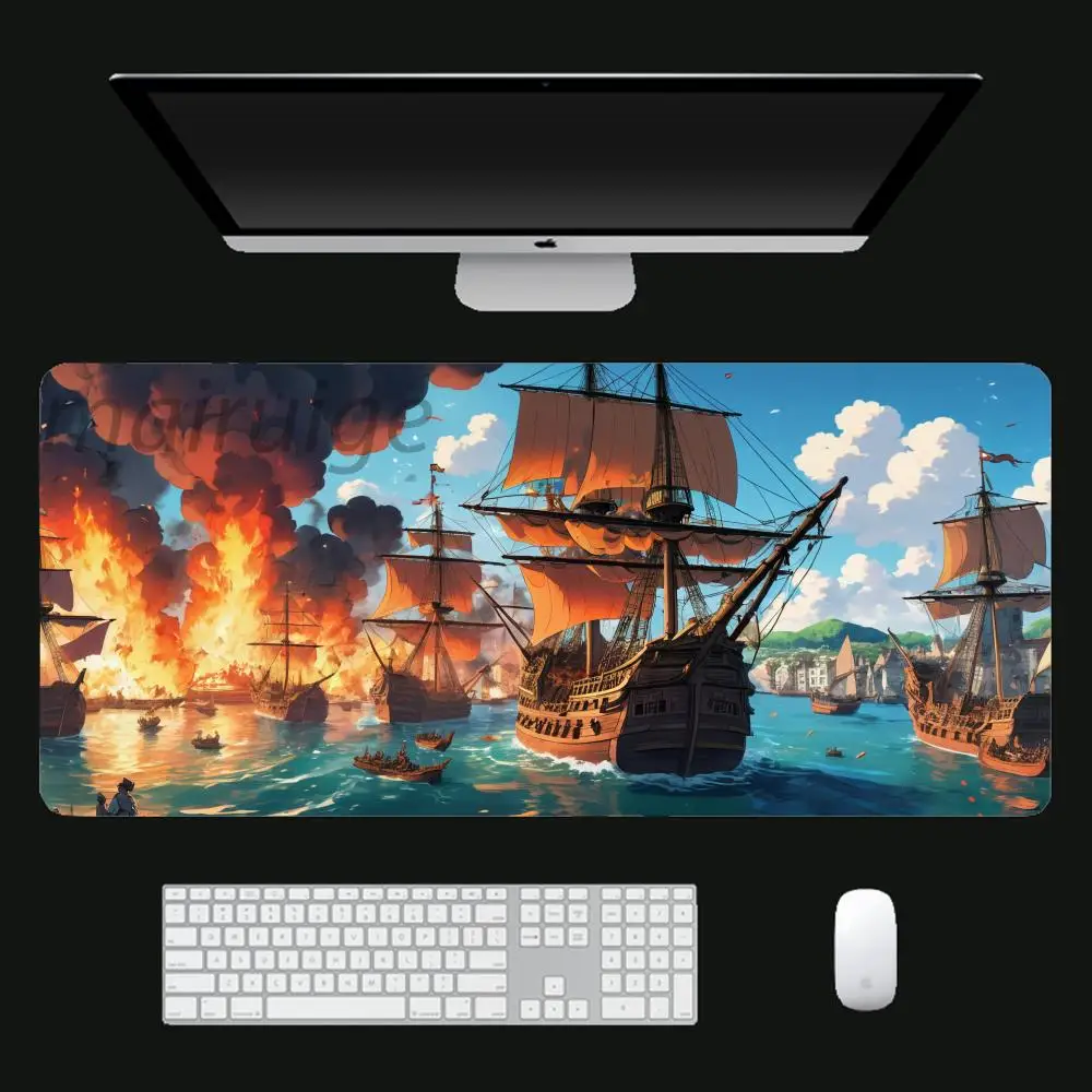 Tappetino per mouse Burning Ships Tappetino per tavolo da gioco per ufficio di grandi dimensioni Tappetini per tastiera con bordo cucito antiscivolo in gomma XXL Accessorio da scrivania lungo