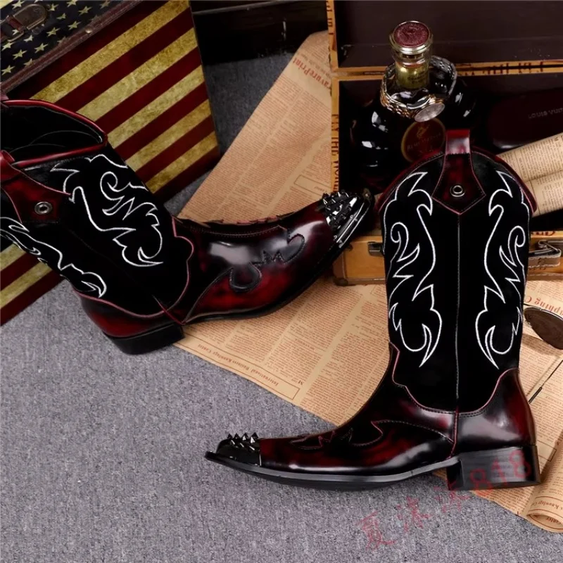Winde Red Color Embroidered High Barrel Men's Boots Vintage High Top Shoes Low Heel Pointed Daily Hairstylist Leisure Boots