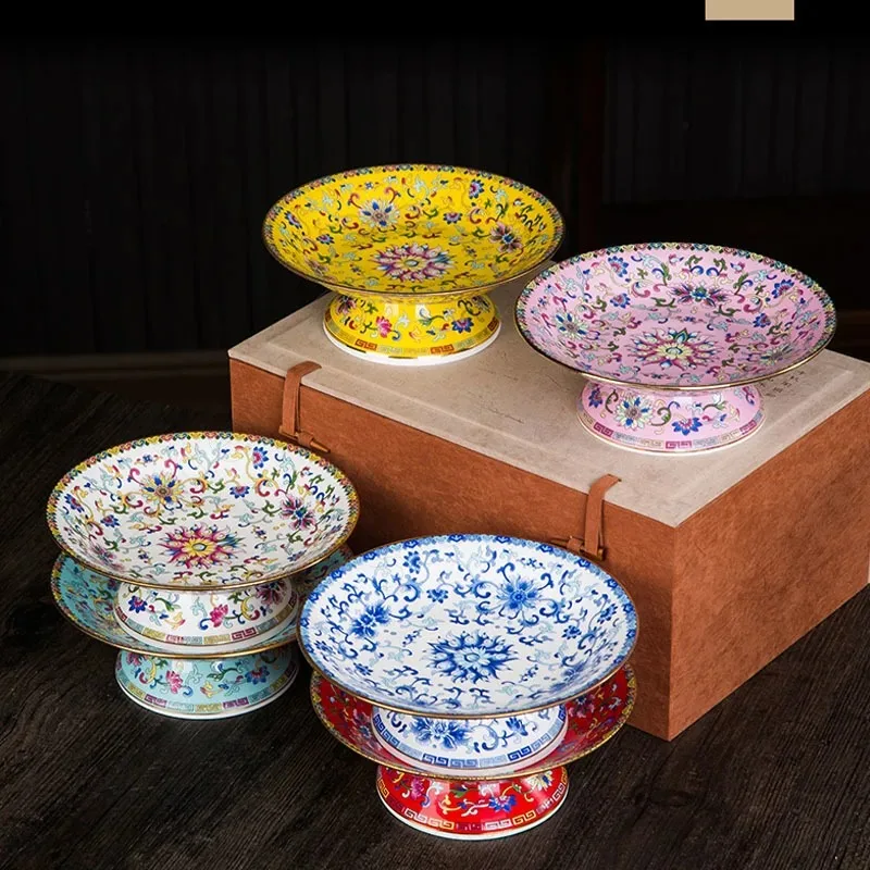 Tall Feet Enamel Ceramic Snack Plate Chinese Vintage Golden Stroke Bone China Fruit Tray Living Room Candy Dried Fruit Plates