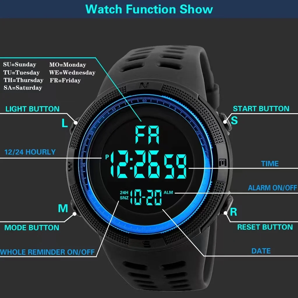 Led Light Display Chrono Digital Mens Wristwatches Fashion Retro Male Watches Reloj Hombre Multifunctional Digital Sport Watch