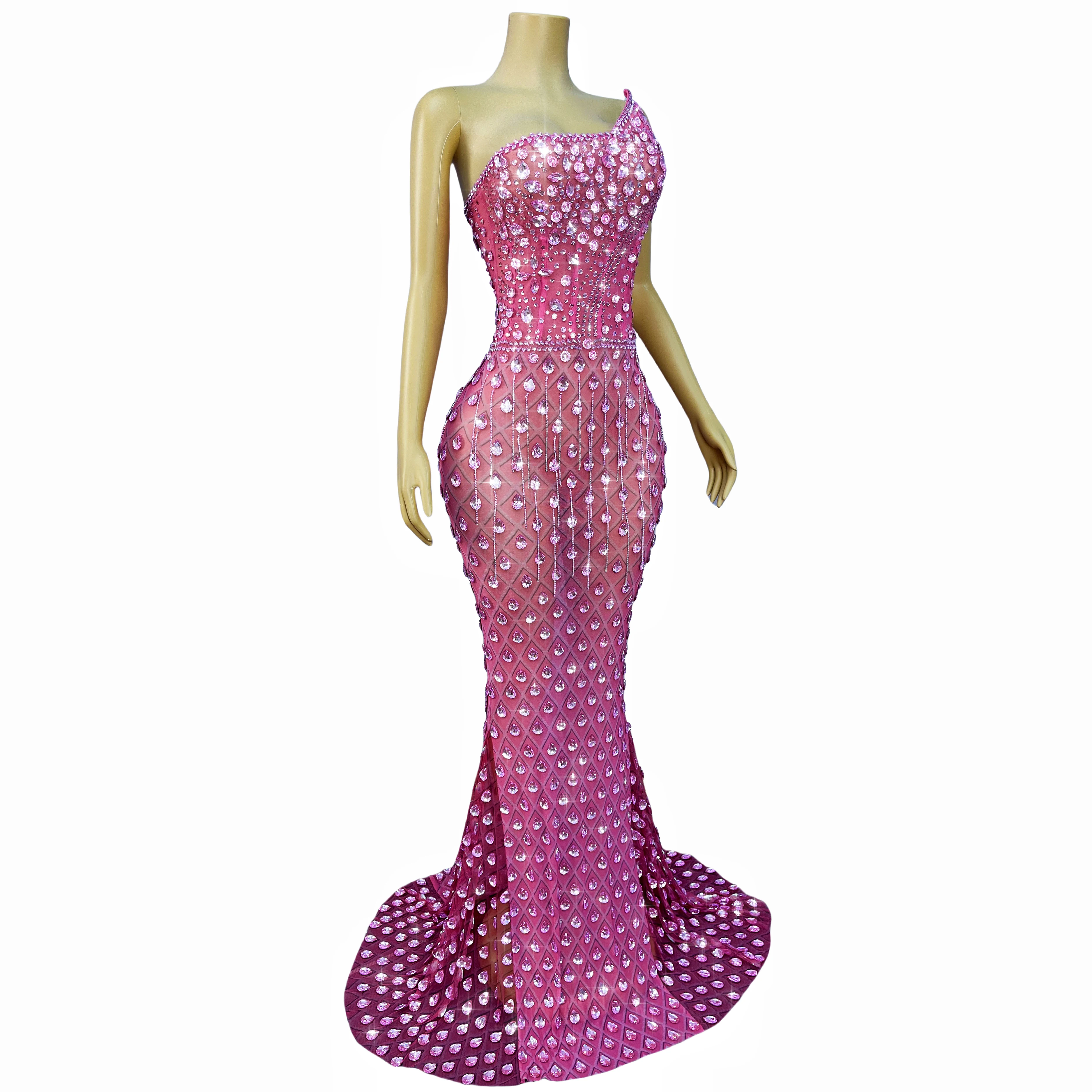 Hoge kwaliteit zware fonkelende kristallen franjes mesh jurk dames feestavond prom elegante jurk rode loper show outfit fenwushe