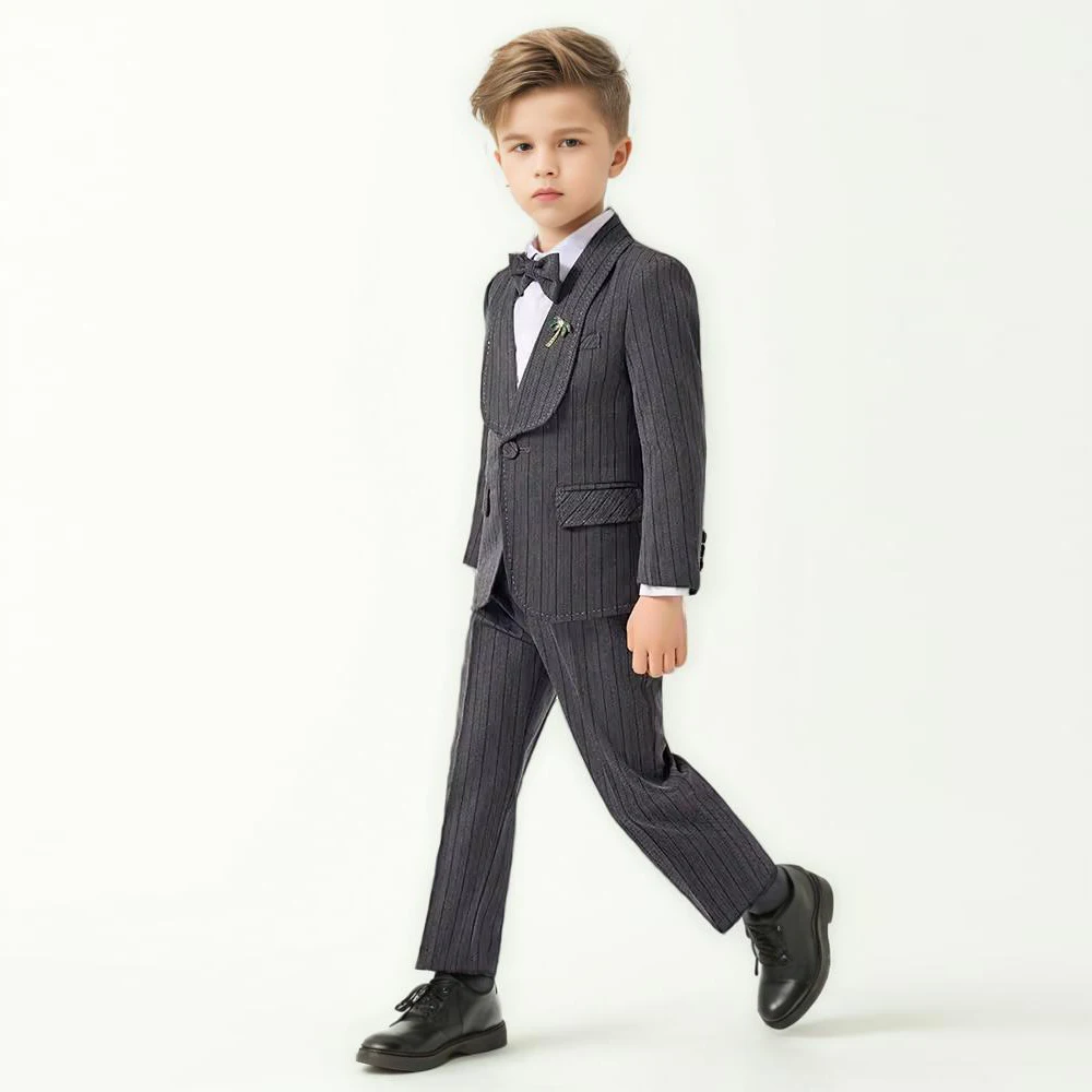 

Children Spring Autumn Striped Suit Boys Piano Performance Wedding Host Photography Costume Kids Blazer Vest Pants Bowtie Outfit