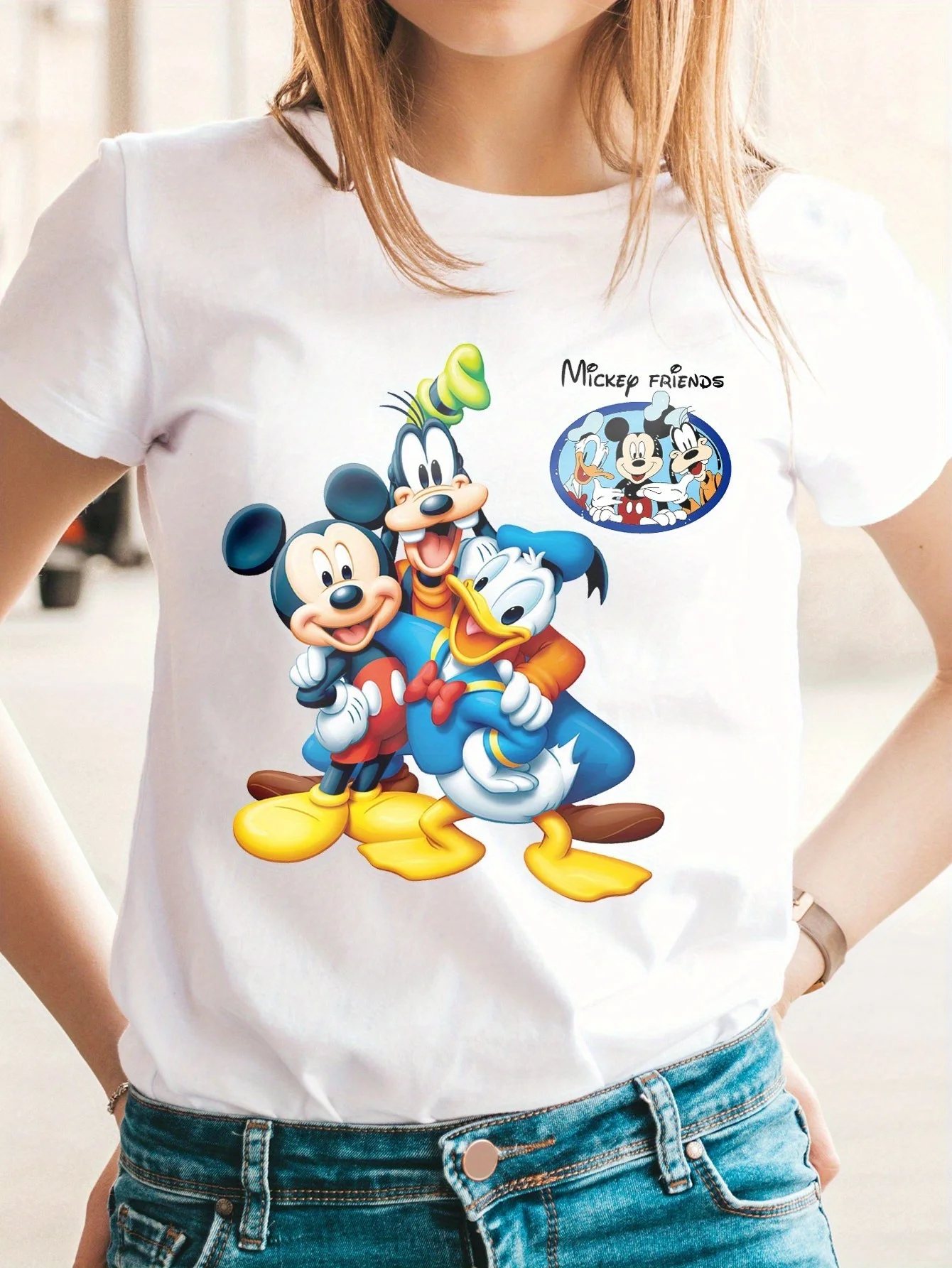 

2025 Disney Pattern Printed Women's Casual Comfortable Unique Smiling Face Black Round Neck Short Sleeve T-shirt