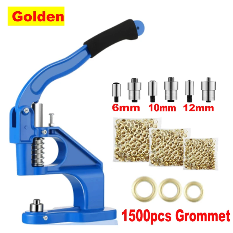 Handleiding Grommet Oogje Machine DIY Handpers Leathercraft Naaien Drukken Punch Tool met 6/10/12mm Sterft + 1500 stuks Grommets