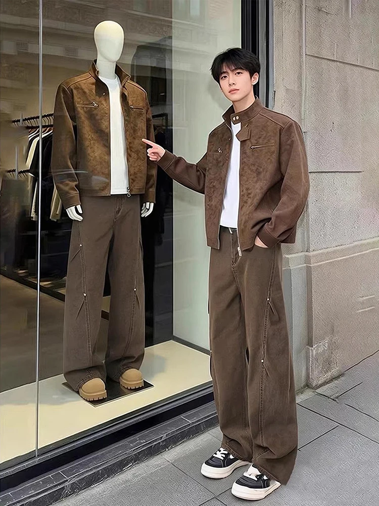 

Cafe Brown Men's Workwear Jeans Spring Fashion Pleated Rivet High Street Micro Flared Pants Casual Straight Leg Loose Fit