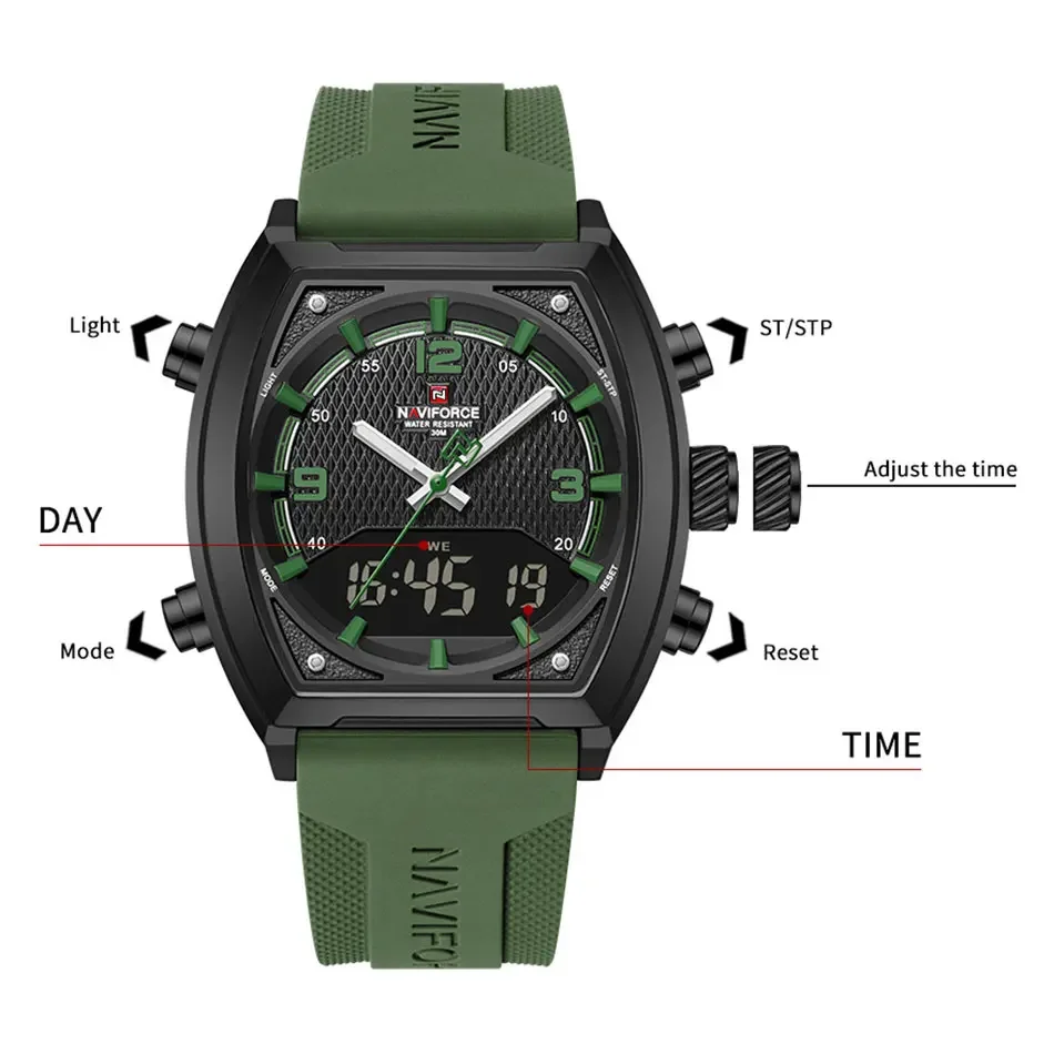 NAVIFORCE jam tangan Digital Analog pria, arloji militer tahan air waktu ganda tampilan minggu 2025