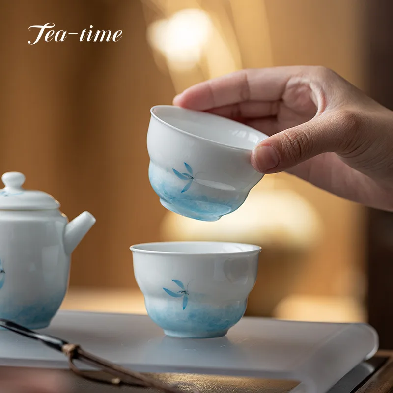 

Hand Painted Butterfly Orchid Teacup Gourd White Porcelain Jade Tea Cup Ceramic Straight Master Cups Chinese Bowl Gift Cute Mate