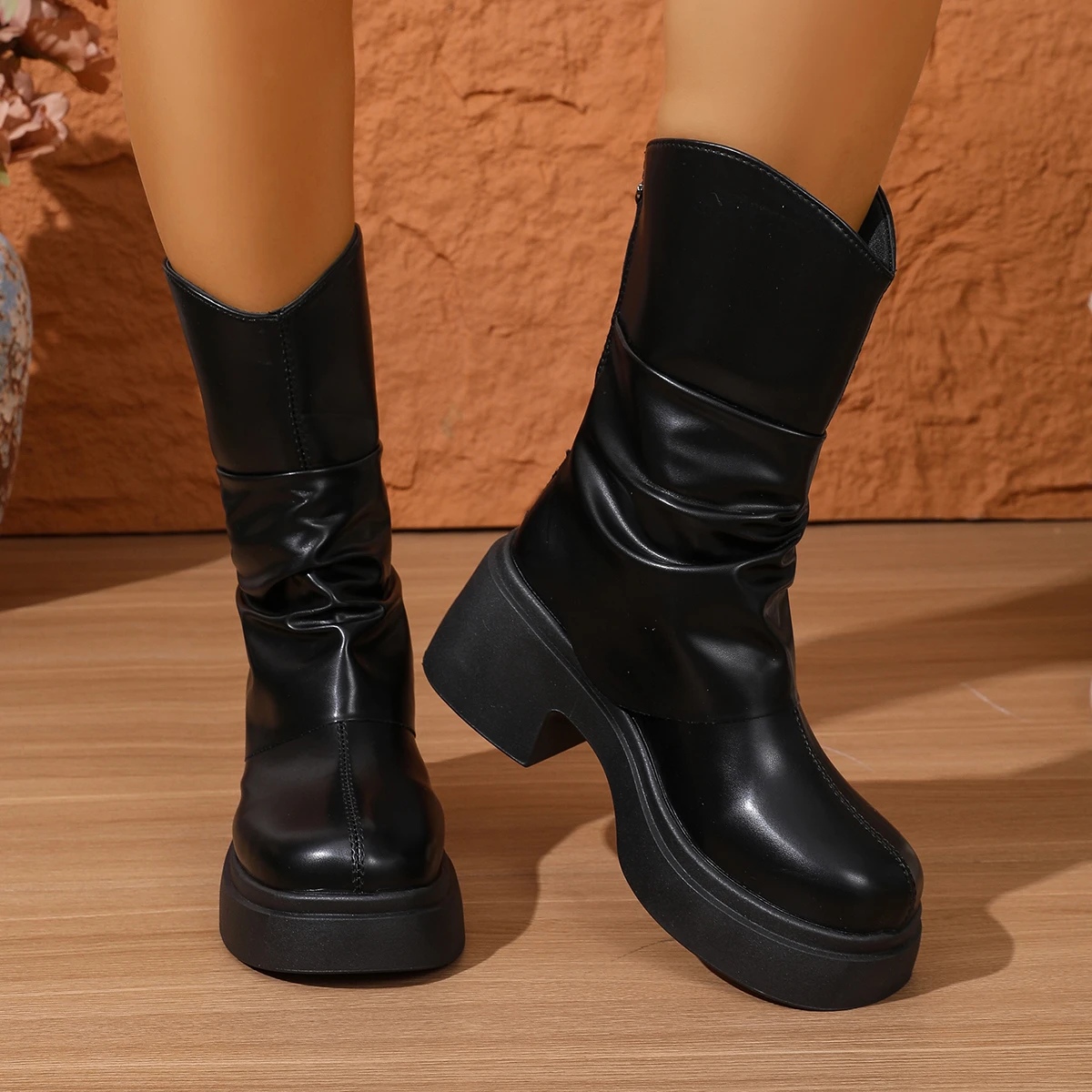 

Женские корейские модные ботильоны на высоком каблуке с плиссированным дизайном, весенне-осенние, однотонные, на толстой подошве, из искусственной кожи, модные сапоги