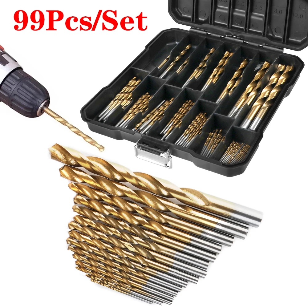 

Anti-rust Wear Protection Twist Drill Set High Speed Steel Titanium Coated 99pcs 1/4"-1/16" Drill Bits Drilling Hole Tools