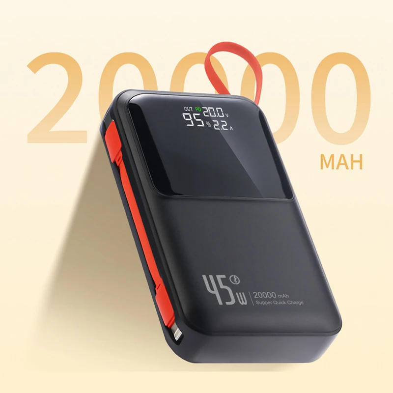 45W Fast Charging Power Bank 20000mAh with Cable LED Digital Powerbank for iPhone 17 16 Samsung Google External Battery Charger