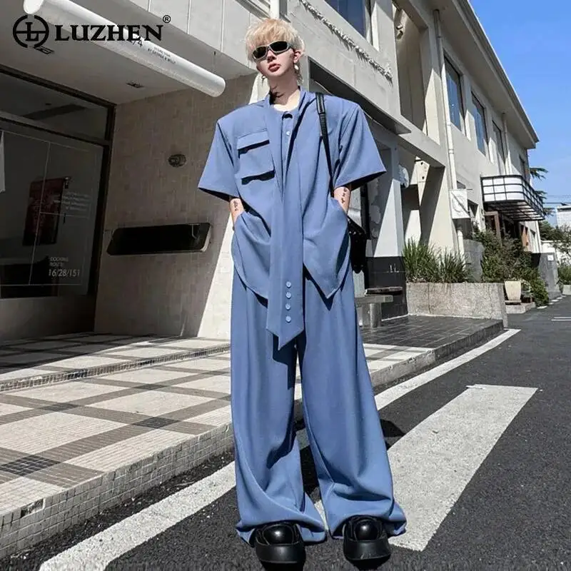 

LUZHEN 2026 Original Handsome Two-piece Sets Men's Fashion Ribbon Decorate Shoulder Pad Short Sleeve Shirt Straight Pants JY6538